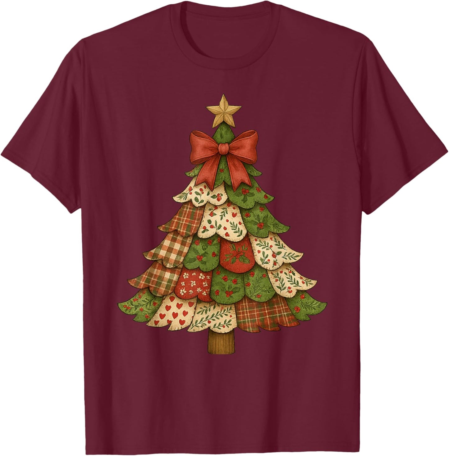Vintage Patchwork Christmas Tree Retro Merry Christmas Bow T-Shirt - T-Shirt | Maroon