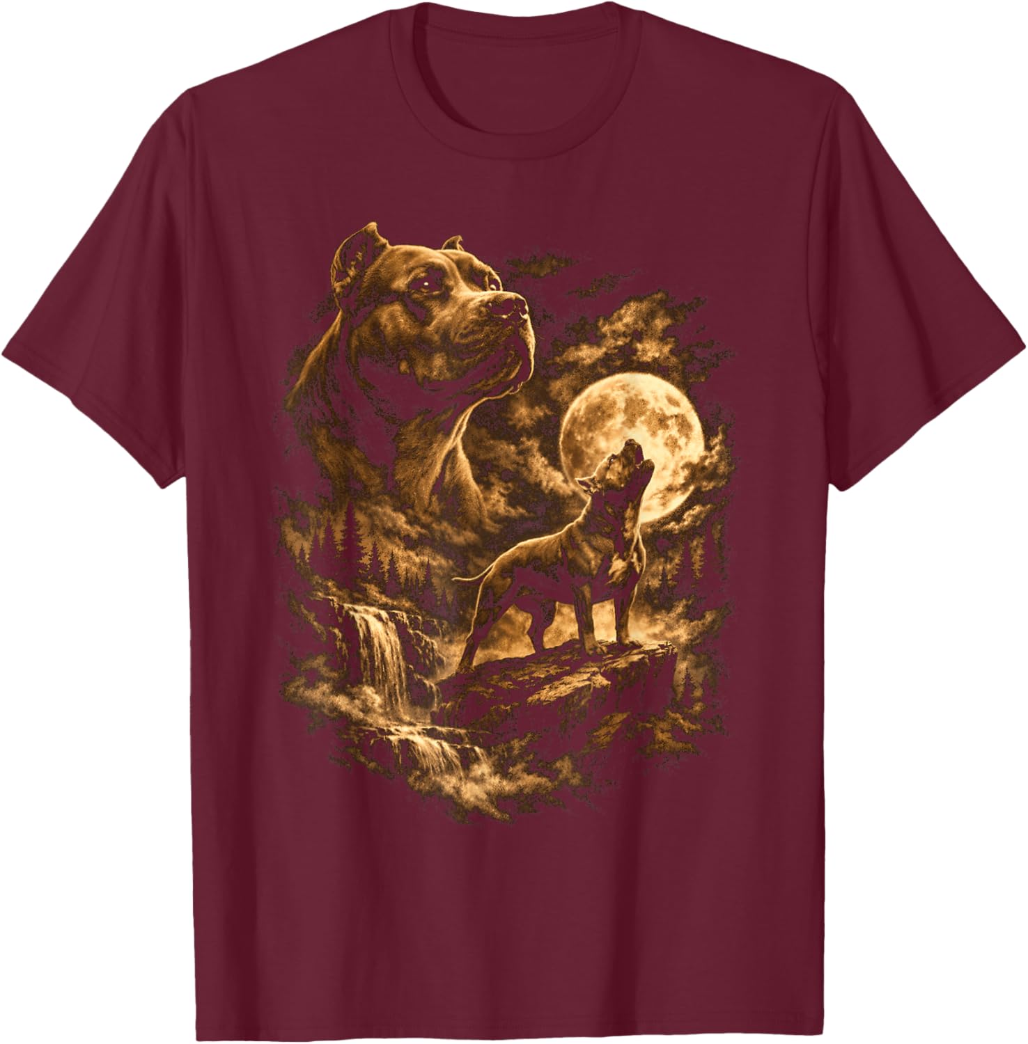Pit Bull Howling Moon Pittie Dog Fantasy Forrest Wilderness T-Shirt - T-Shirt | Maroon