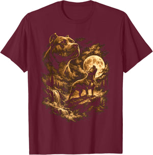 Pit Bull Howling Moon Pittie Dog Fantasy Forrest Wilderness T-Shirt - T-Shirt | Maroon
