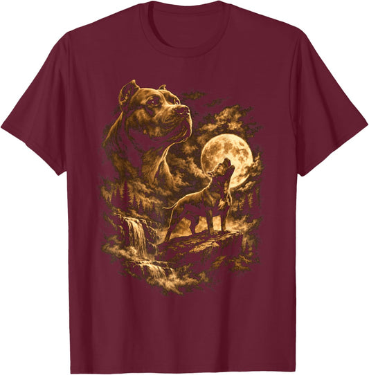 Pit Bull Howling Moon Pittie Dog Fantasy Forrest Wilderness T-Shirt - T-Shirt | Maroon