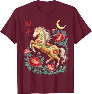 Chinese New Year Horse Floral Zodiac Art Lunar Symbol Design T-Shirt - T-Shirt | Maroon