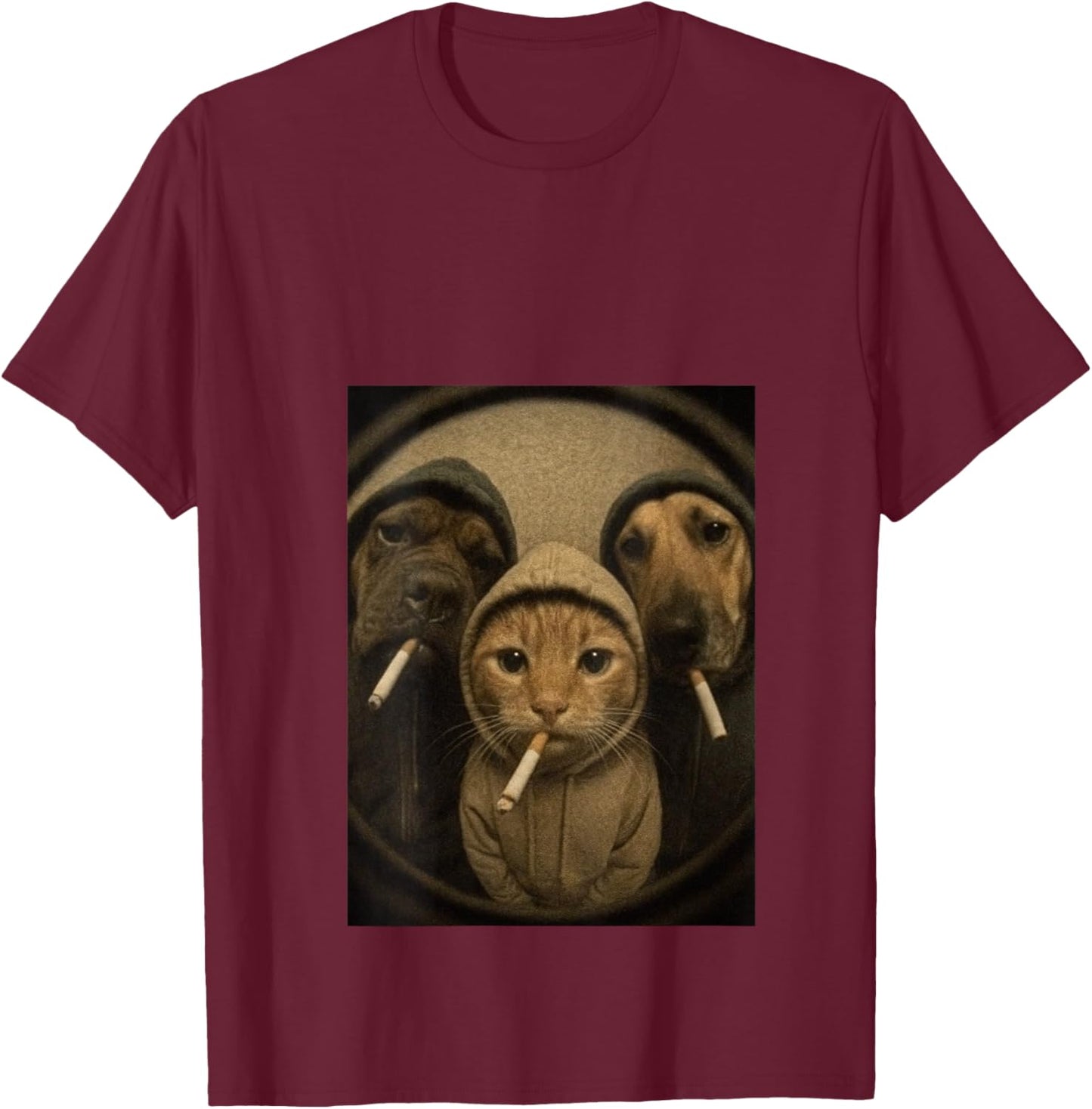 Women's Cats and Dogs Smoking Cigarette Staring Through a Peephole V-Neck T-Shirt - T-Shirt | Maroon