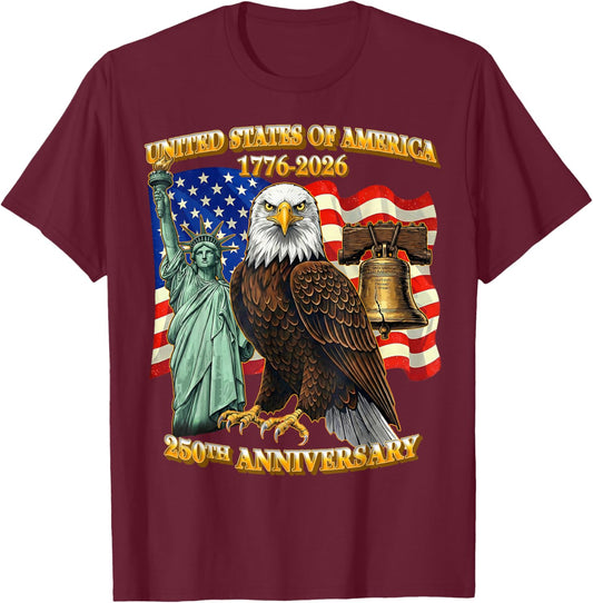 250 Years American 1776 2026 250th USA Patriotic 4th of July T-Shirt - T-Shirt | Maroon