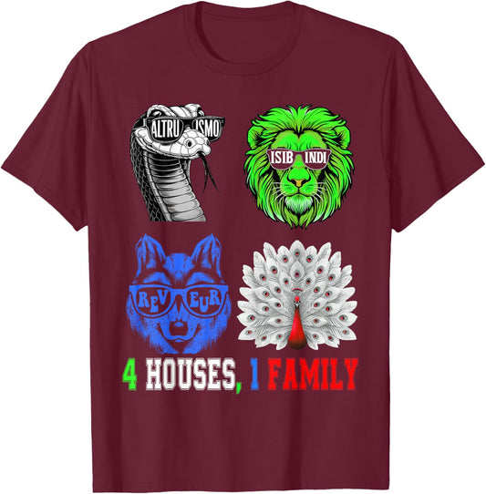 AMISTAD, ISIBINDI, ALTRUISMO, REVEUR Four Houses 1 Family T-Shirt - T-Shirt | Maroon