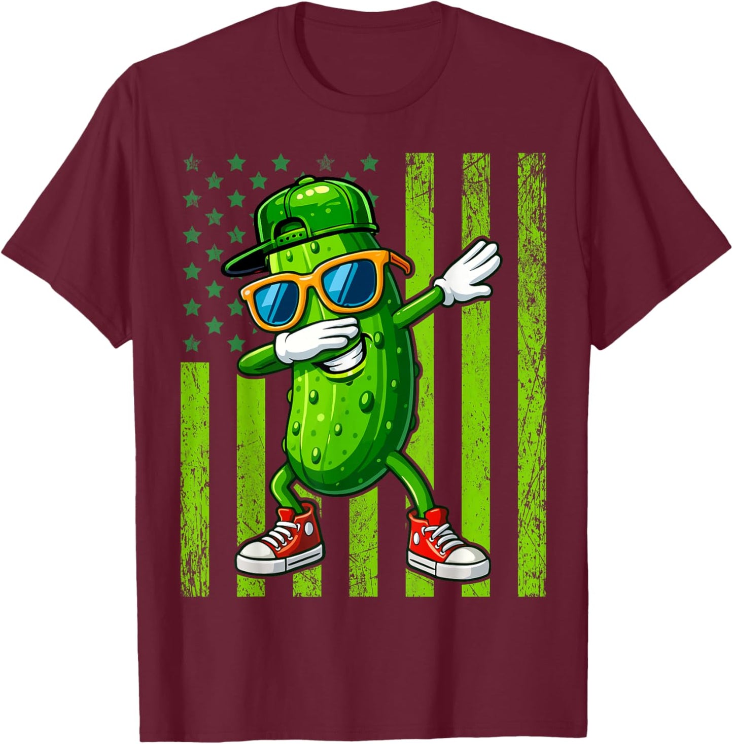 Dabbing Pickle Retro American Flag Funny Cucumber Pickles T-Shirt - T-Shirt | Maroon