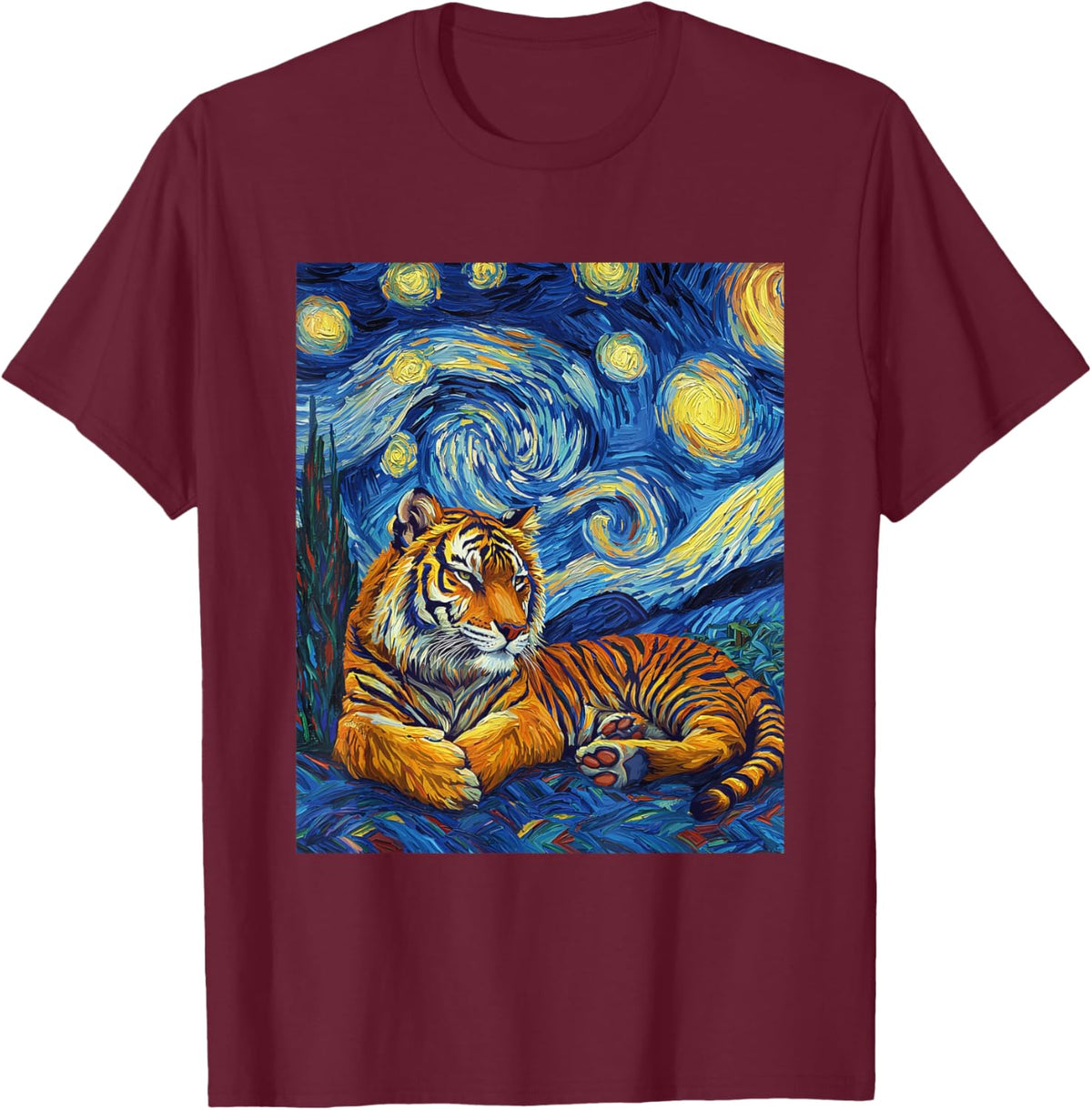 Tiger Van Gogh Style Starry Night Funny Graphic T-Shirt - T-Shirt | Maroon