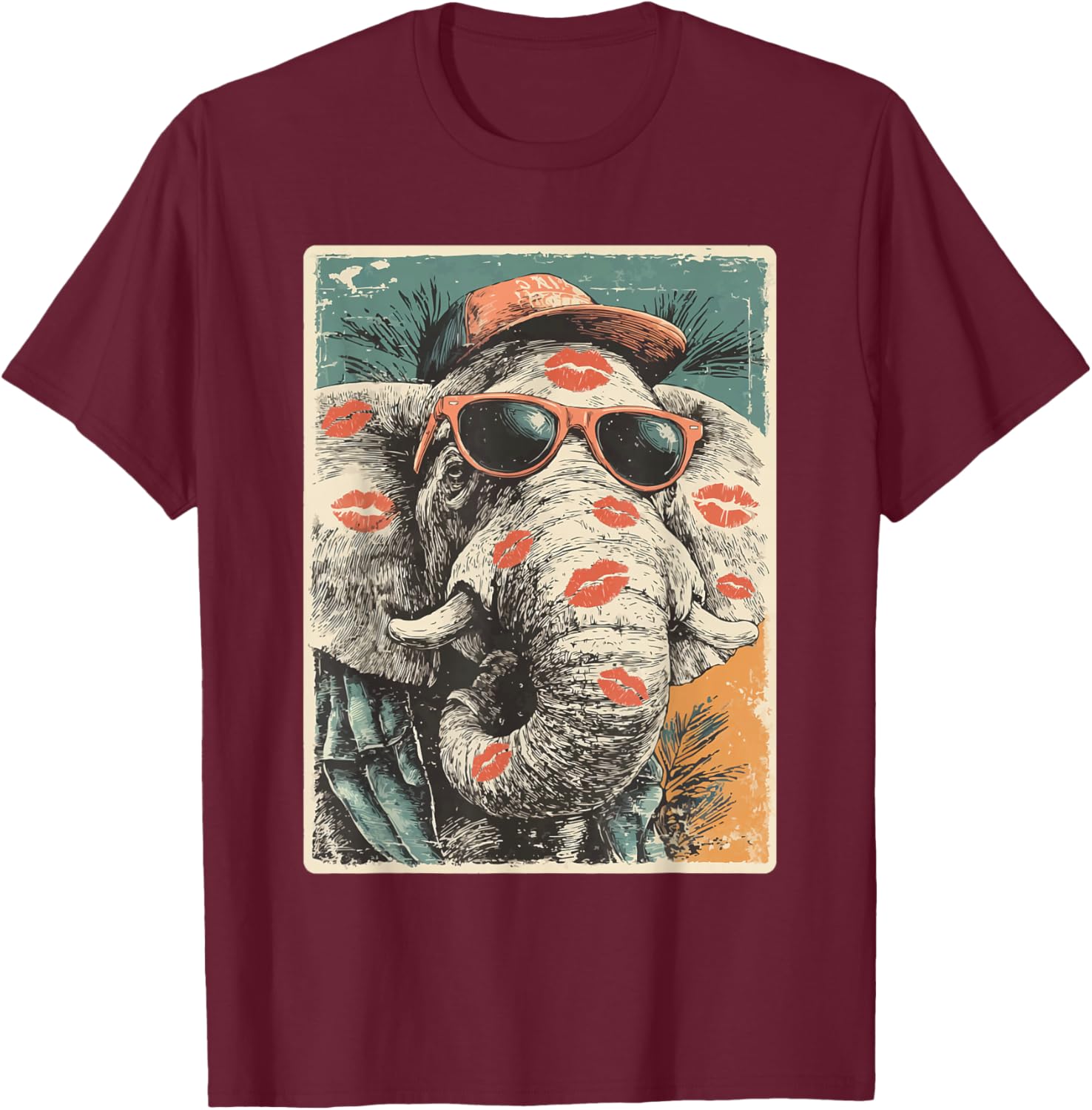 Cute Elephant with Sunglasses Kisses Valentine's Day Animal T-Shirt - T-Shirt | Maroon