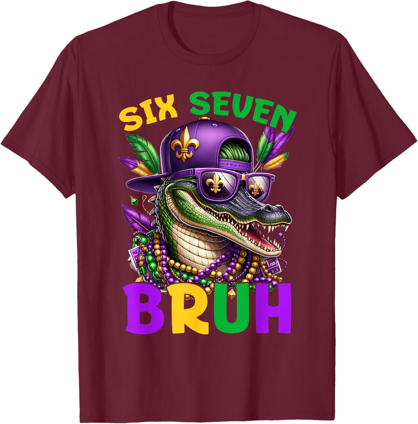 Mardi Gras Six Seven Bruh Mardigator Alligator 6 7 Meme Boys T-Shirt - T-Shirt | Maroon