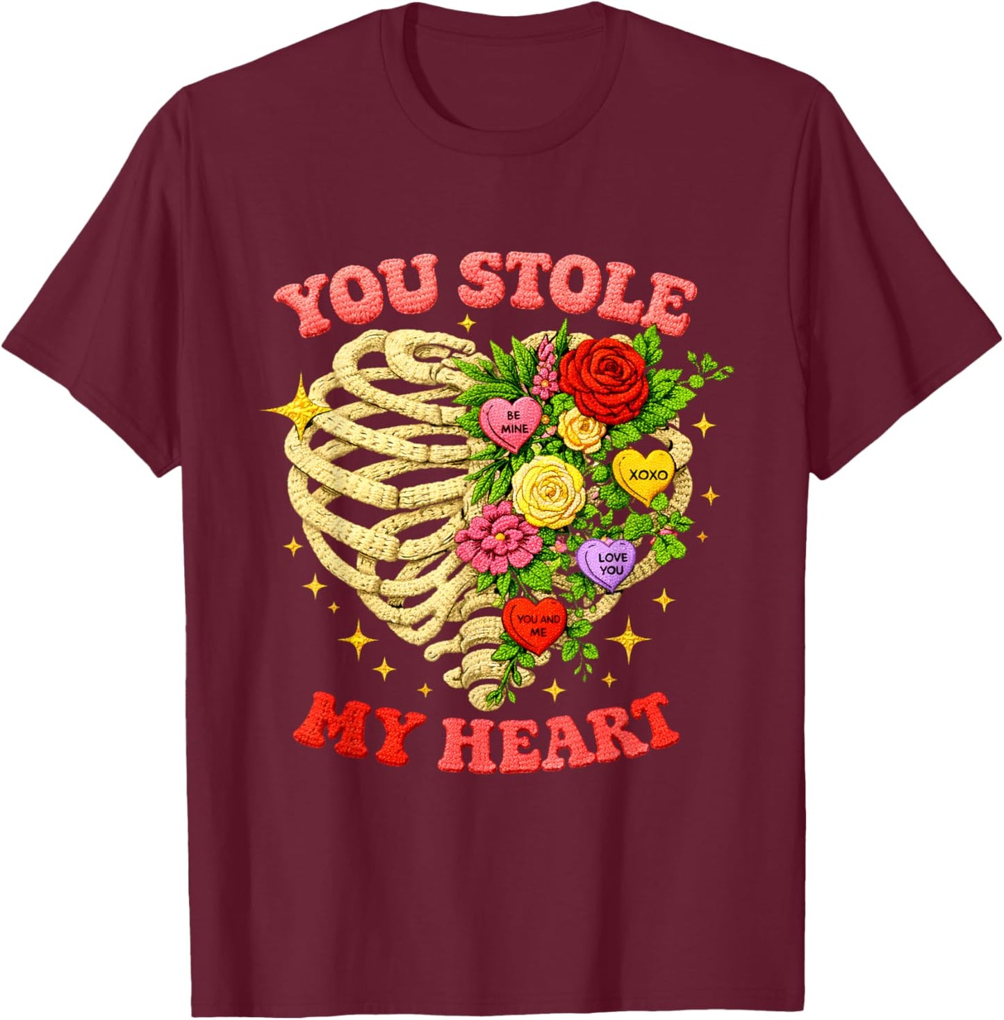 You Stole My Heart Embroidered Skeleton Valentine Art T-Shirt - T-Shirt | Maroon