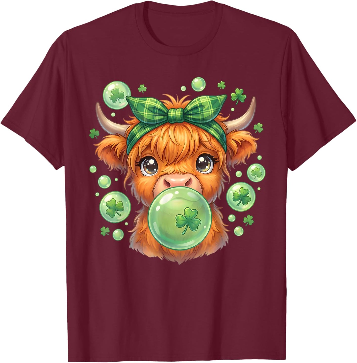 Highland Cow Blowing Bubblegum Celebrate St Patricks Day T-Shirt - T-Shirt | Maroon