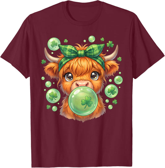 Highland Cow Blowing Bubblegum Celebrate St Patricks Day T-Shirt - T-Shirt | Maroon