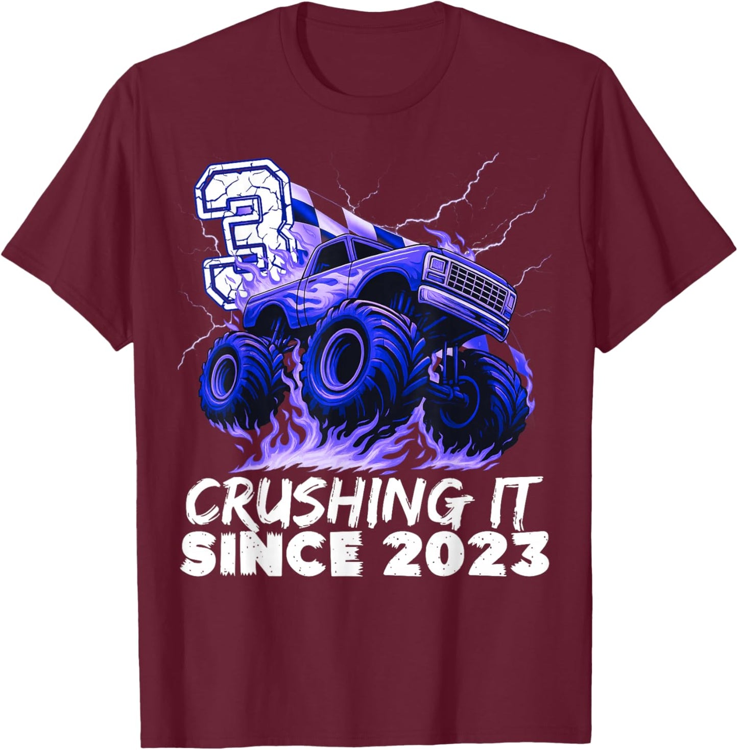 Birthday Monster Truck 3 Year Old Boys 3rd Party Born 2023 T-Shirt - T-Shirt | Maroon