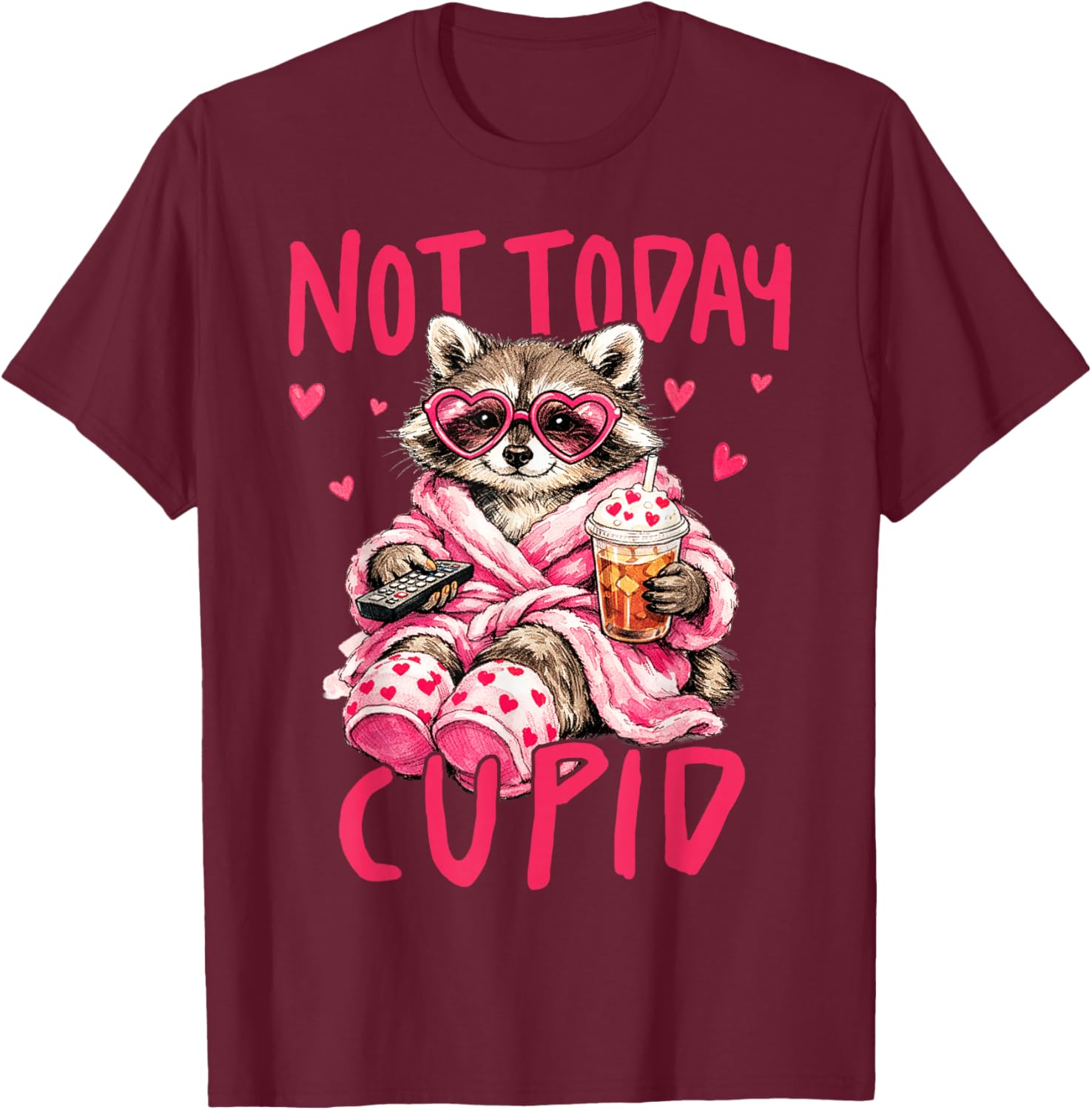 Cupid Raccoon Anti Valentines Day Single Iced Coffee Hearts T-Shirt - T-Shirt | Maroon