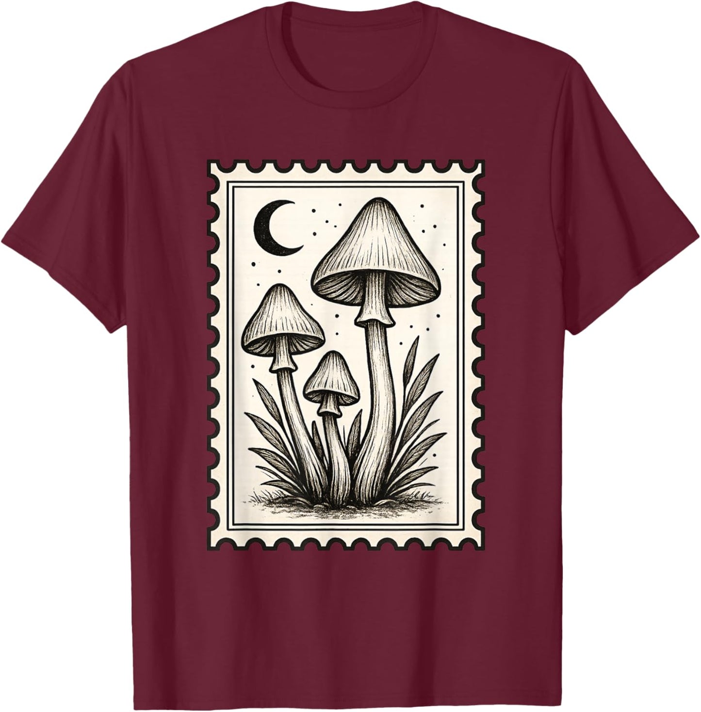 Vintage Mushroom Stamp Botanical Art T-Shirt - T-Shirt | Maroon