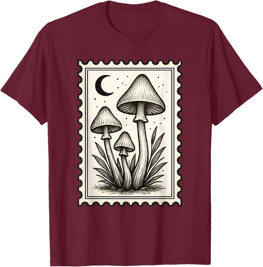 Vintage Mushroom Stamp Botanical Art T-Shirt - T-Shirt | Maroon