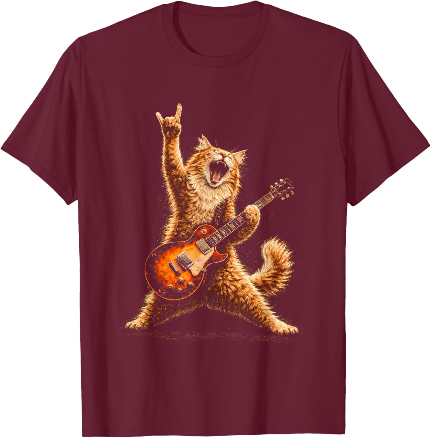 Funny Cat Playing Guitar Shirt Cat Guitarist Rock and Roll T-Shirt - T-Shirt | Maroon