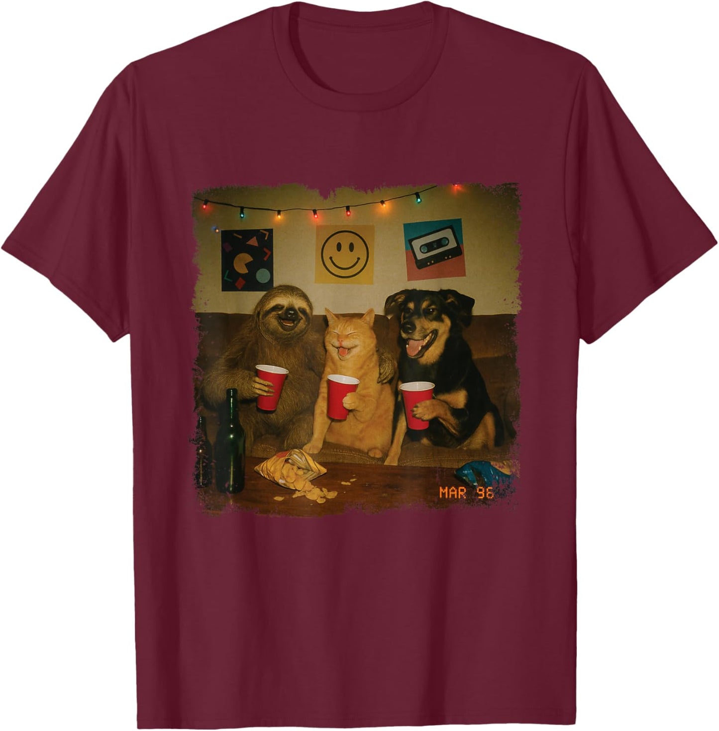 Funny 90s House Party Cat Sloth Dog Meme Trendy T-Shirt - T-Shirt | Maroon