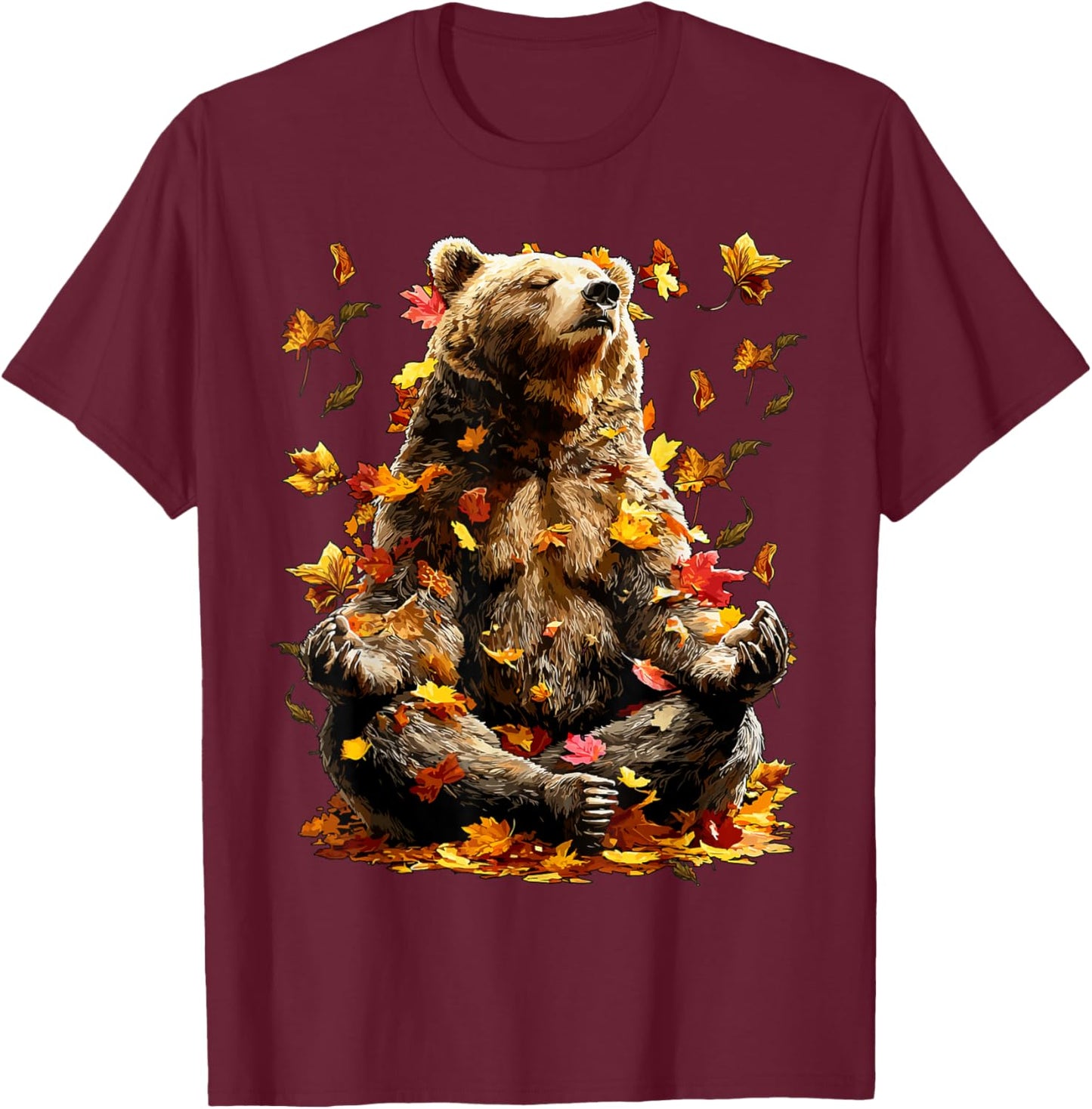 Peaceful Bear Fall Leaves Meditating Zen Animal Autumn Yoga T-Shirt - T-Shirt | Maroon