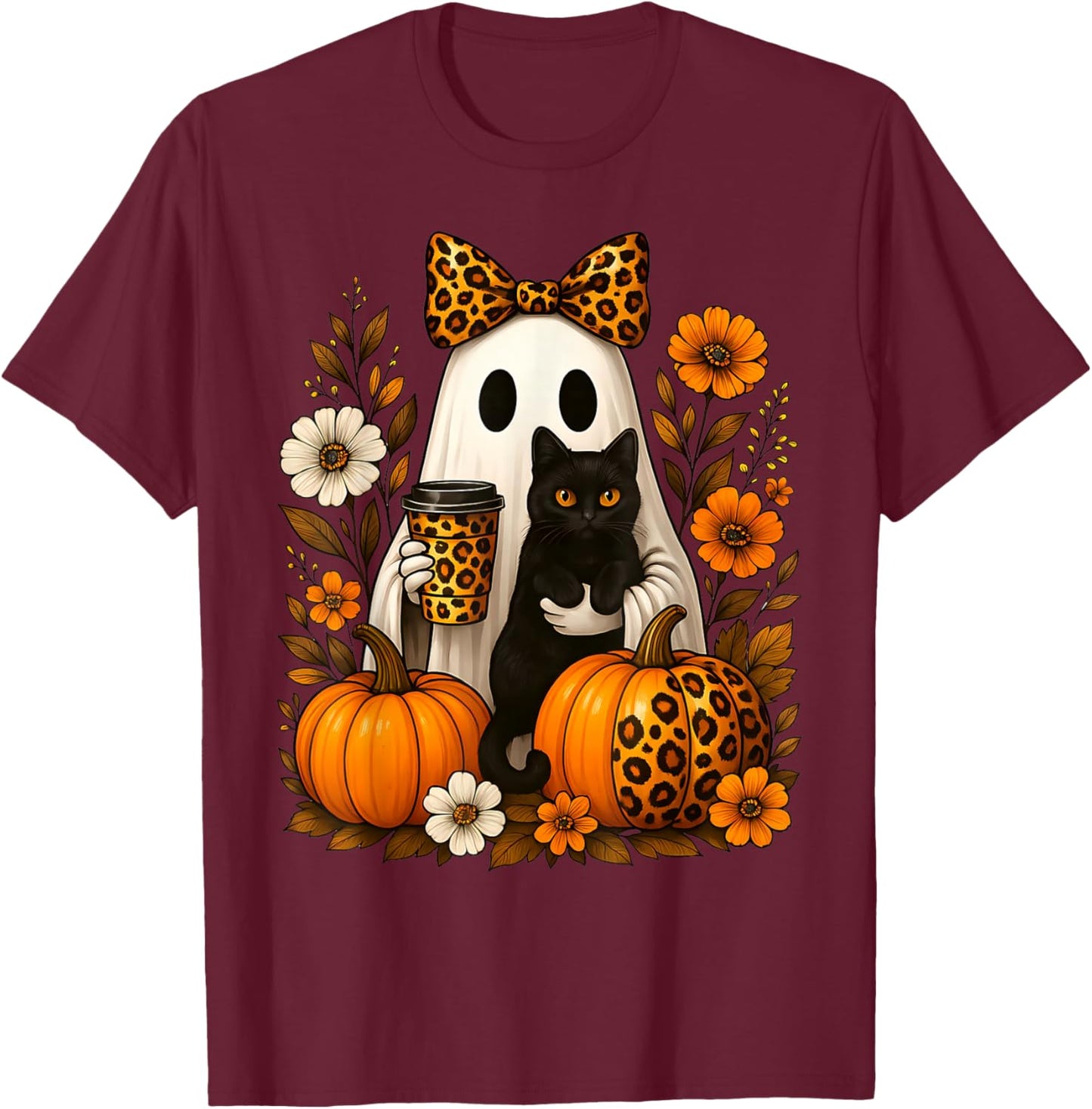 Ghost Holding a Cat & Coffee Leopard Print Autumn Halloween T-Shirt - T-Shirt | Maroon