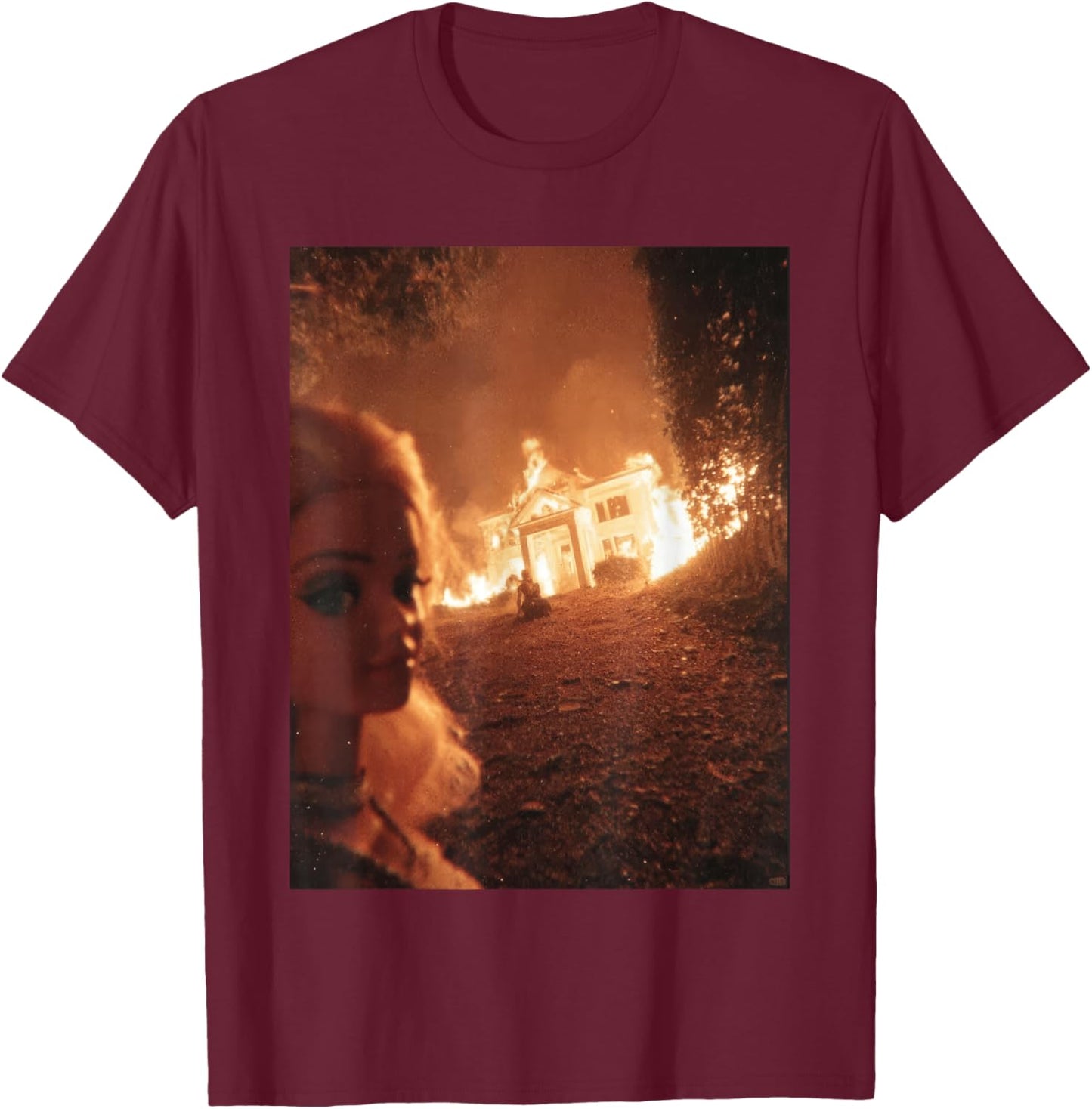 Funny Chaotic Doll Face Mem Selfie Background House on Fire T-Shirt - T-Shirt | Maroon