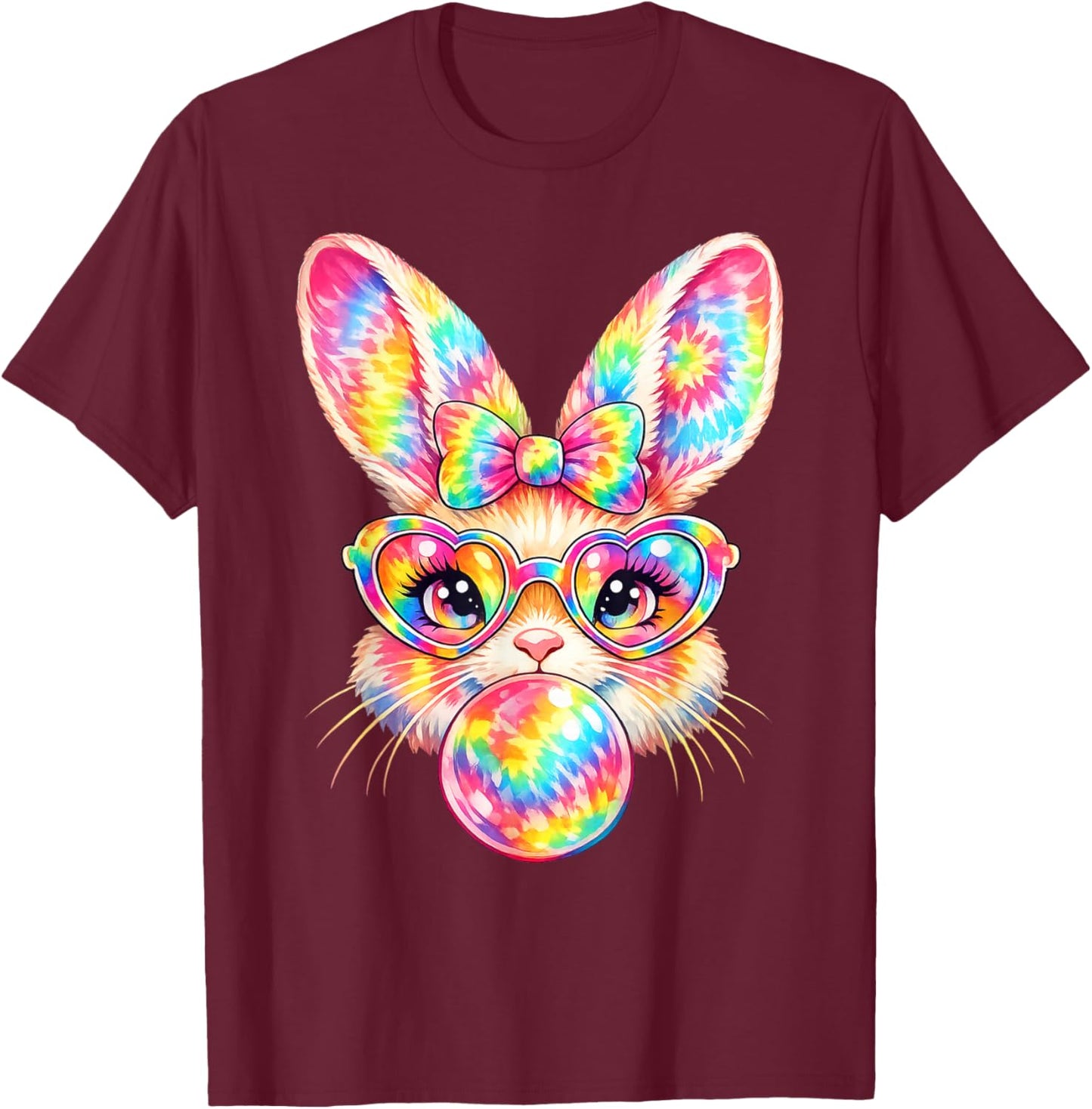 Rainbow Bunny Tie Dye Easter Coquette Bow with Sunglasses T-Shirt - T-Shirt | Maroon