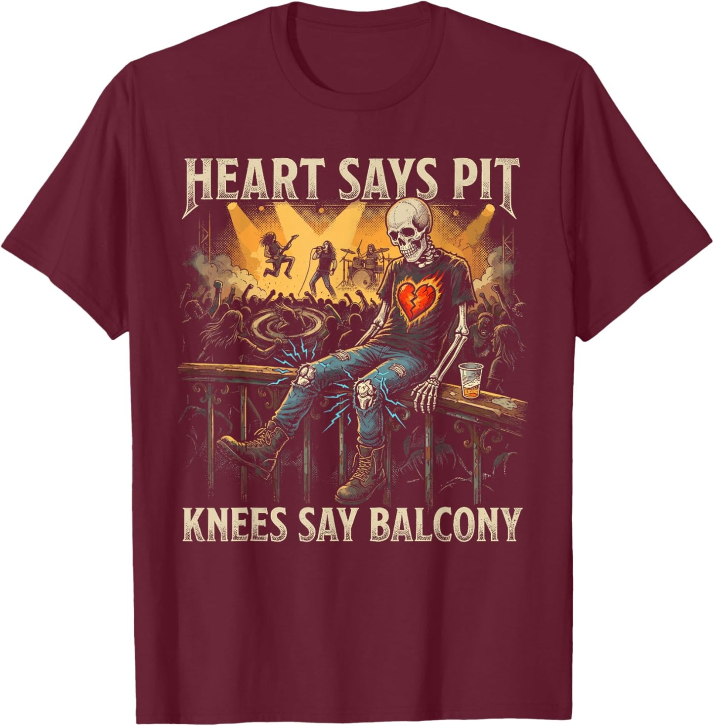Heavy Metal Gifts Punk Rock Heart Says Pit Knees Say Balcony T-Shirt - T-Shirt | Maroon