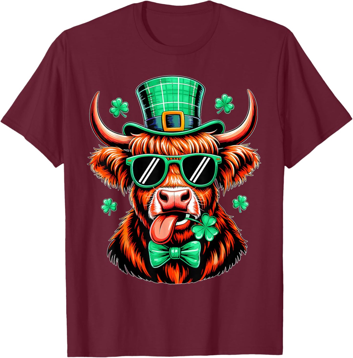 Highland Cow Shamrock St Patricks Day Irish Women Girls Kids T-Shirt - T-Shirt | Maroon