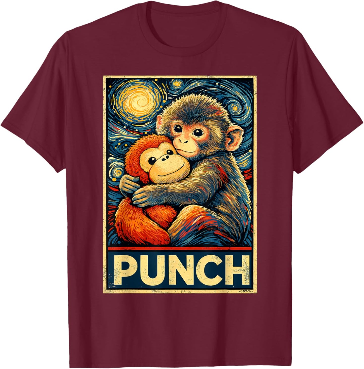 Baby Monkey Punch and Plush Funny Starry Night T-Shirt - T-Shirt | Maroon