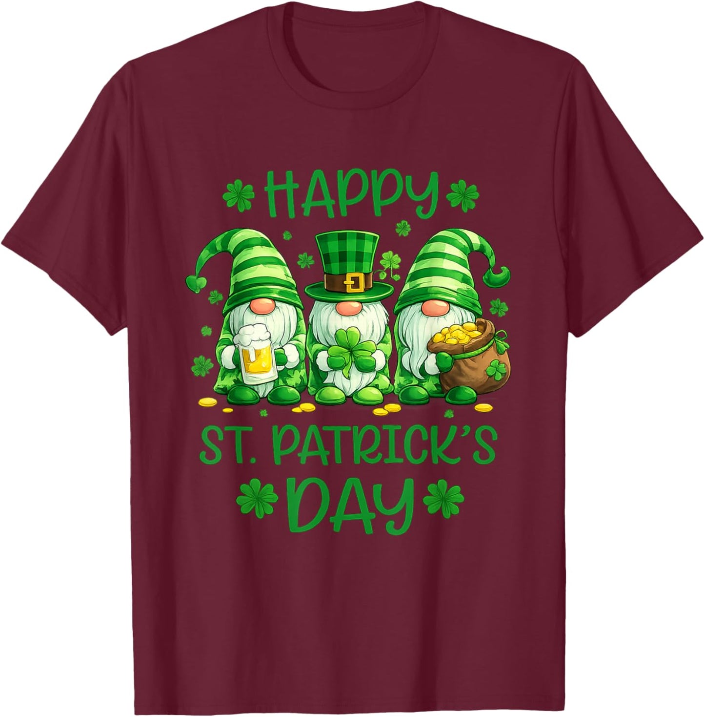 Happy St. Patrick’s Day Cute Gnomes Irish Shamrock T-Shirt - T-Shirt | Maroon