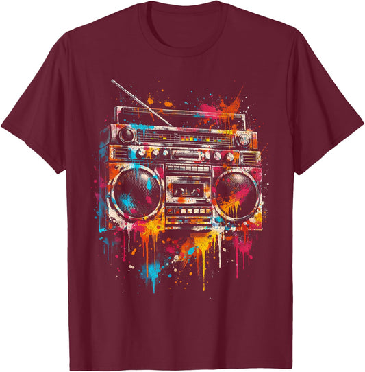 Graffiti Boombox Street Style Graphic T-Shirt - T-Shirt | Maroon