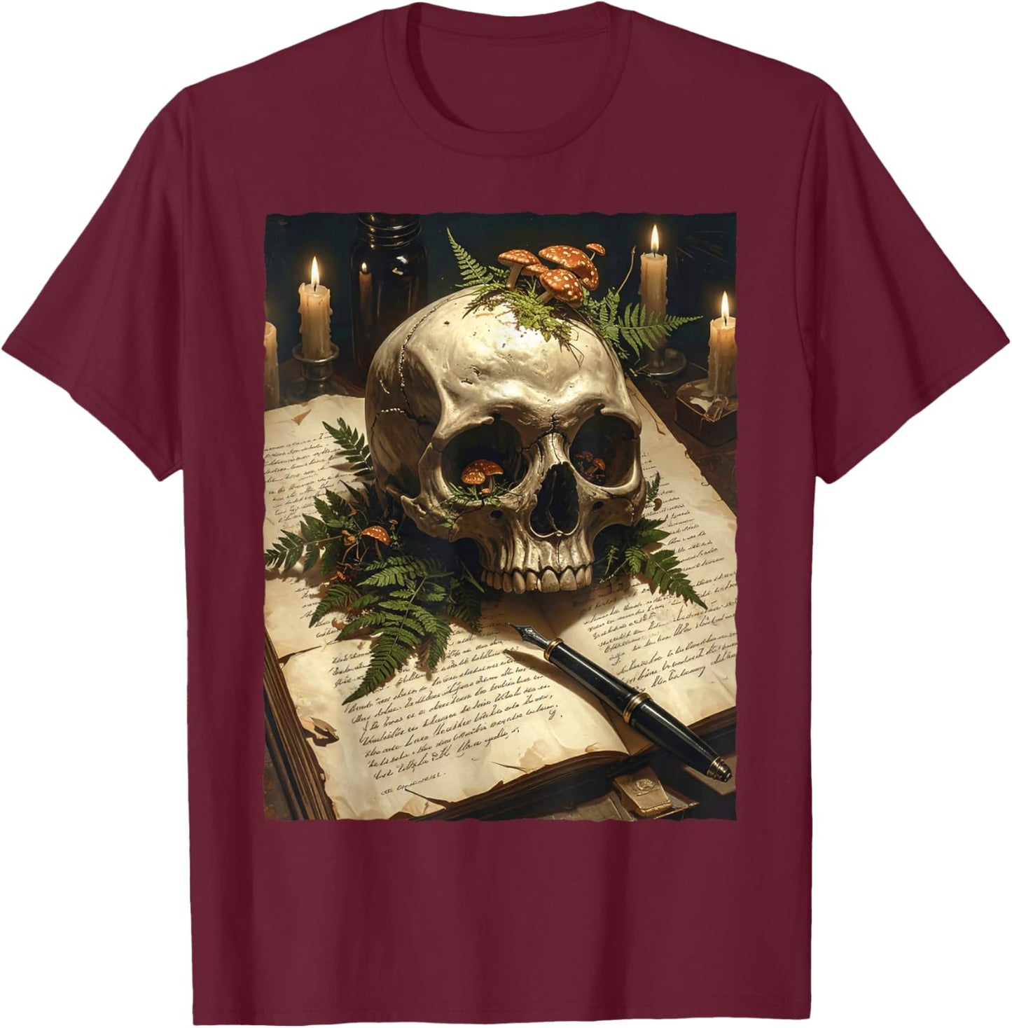 Dark Academia Gothic Mushroom Skull Vintage Book Fern Occult T-Shirt - T-Shirt | Maroon