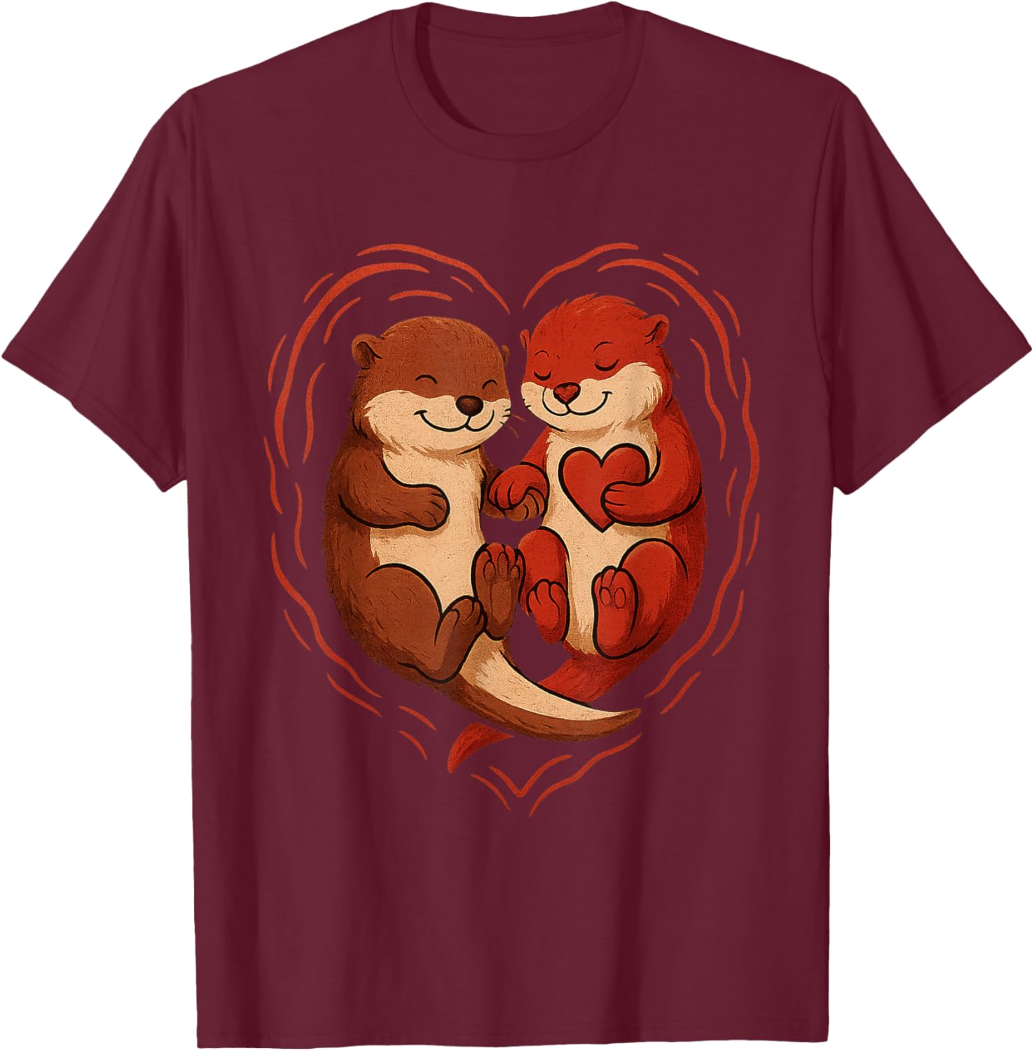 Cute Otter Valentine's Day Love Otters Holding Hands T-Shirt - T-Shirt | Maroon