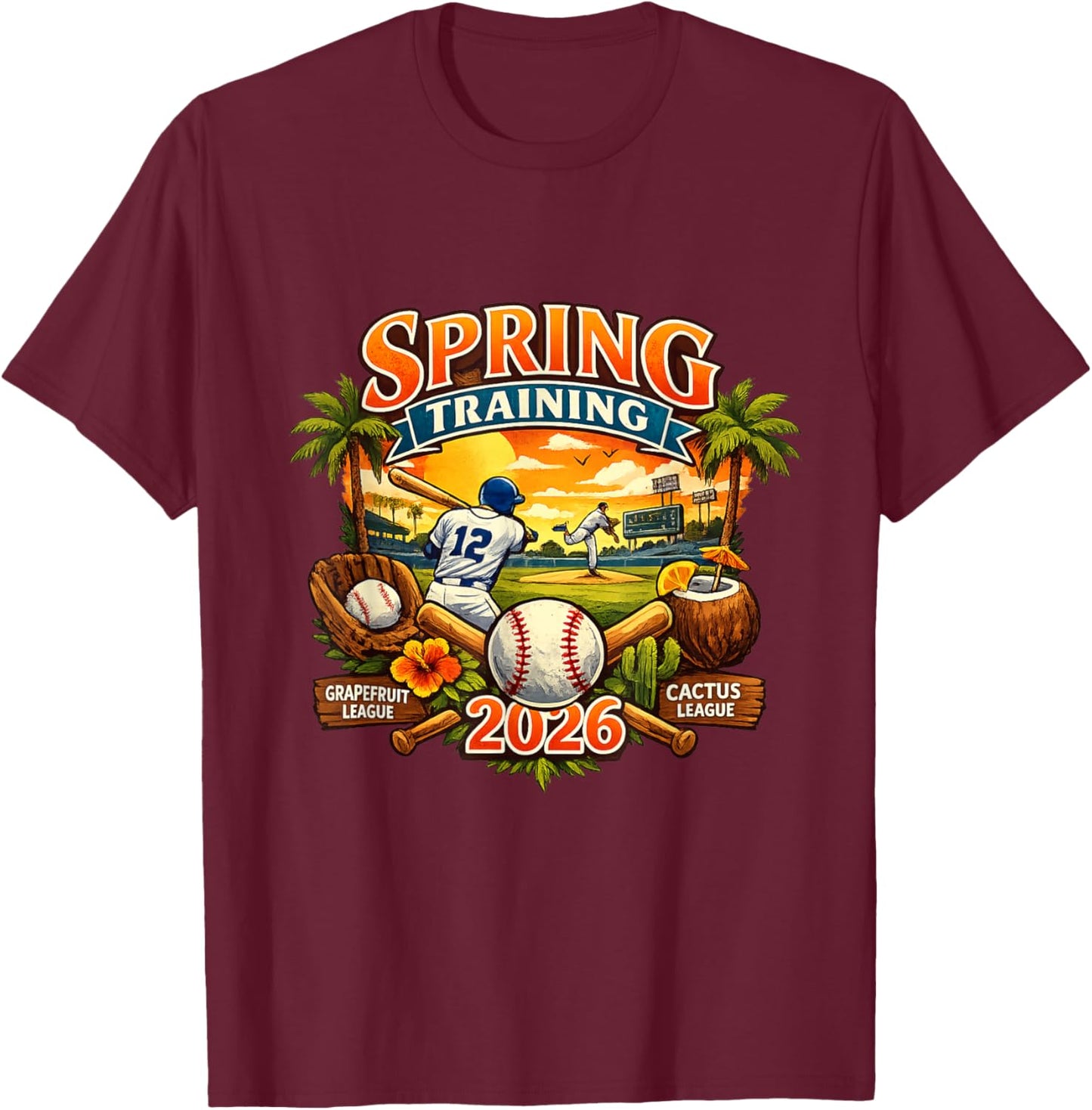 Spring Training 2026 Baseball Vintage Sunset Design T-Shirt - T-Shirt | Maroon