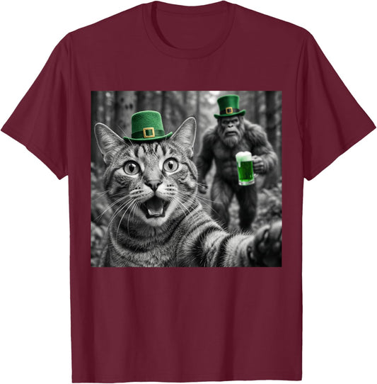 St. Patrick's Day Cat Taking Selfie with Bigfoot Green Beer T-Shirt - T-Shirt | Maroon
