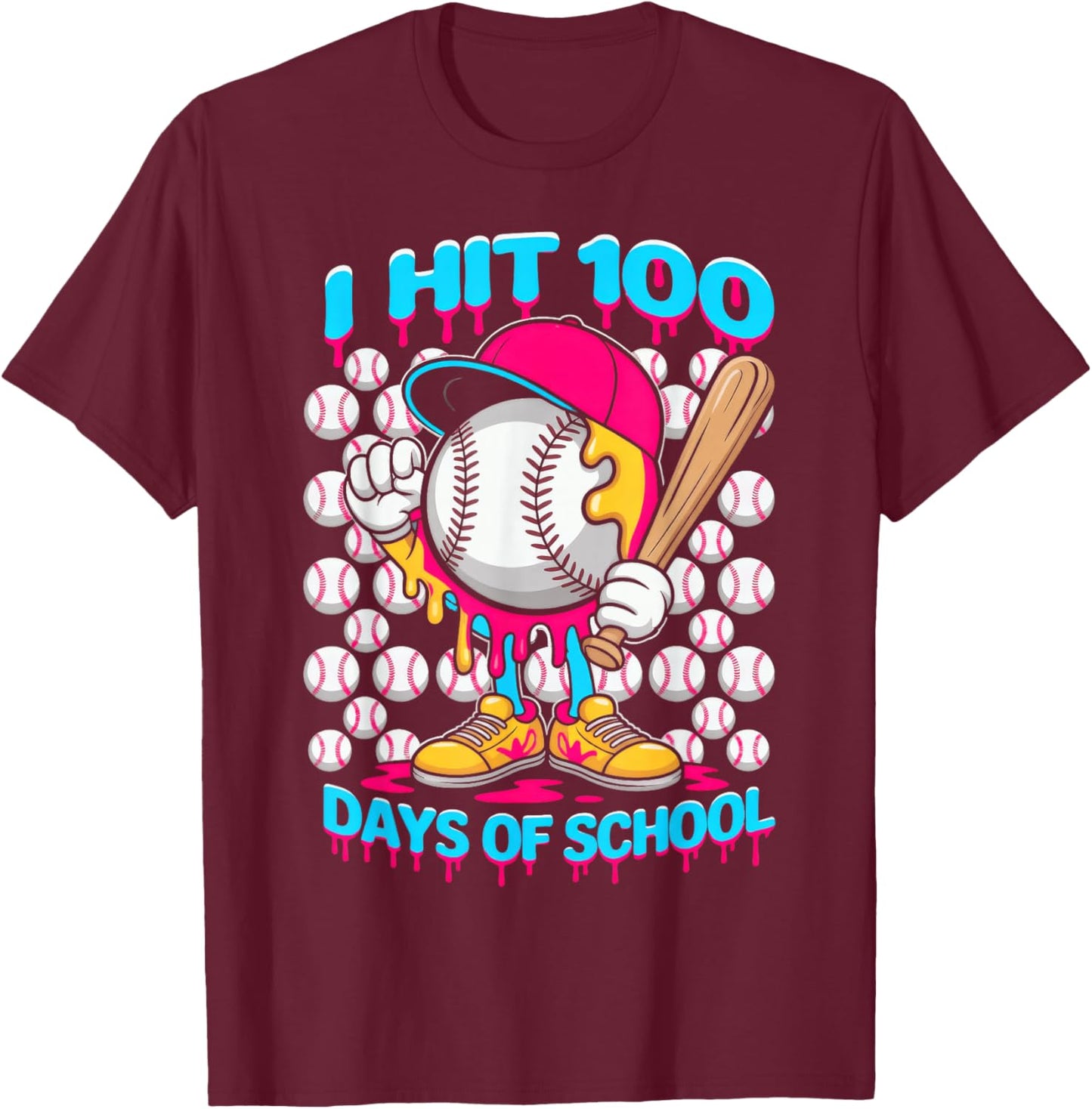 I hit 100 Days of School, Baseball Ice Cream Drip T-Shirt - T-Shirt | Maroon
