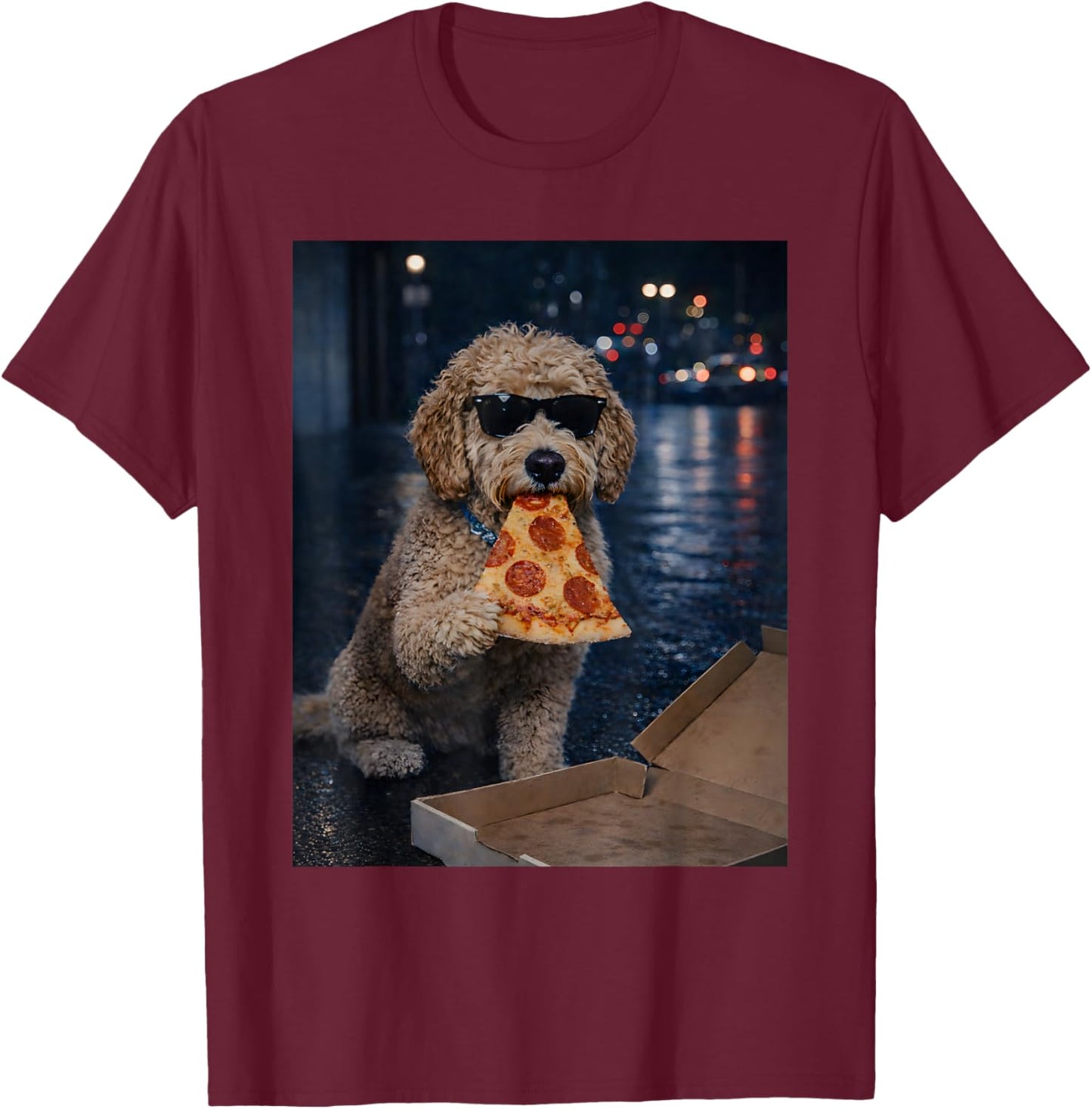 Funny Goldendoodle Dog Eating Pizza Meme Retro T-Shirt - T-Shirt | Maroon