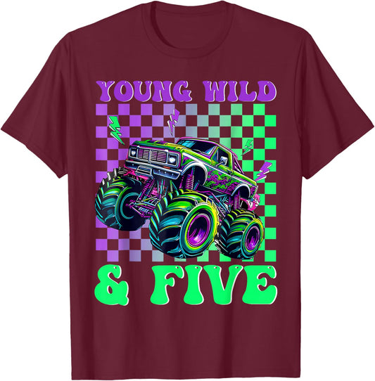 Kids 5th Birthday Boy Monster Truck Young Wild and Five T-Shirt - T-Shirt | Maroon