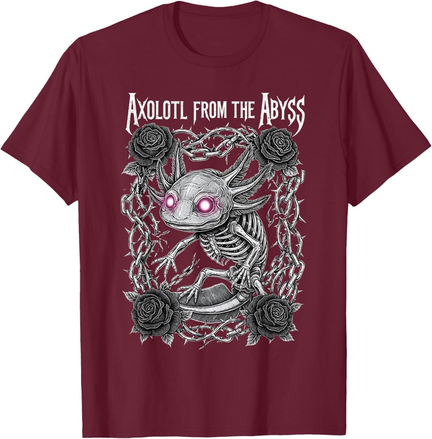 Skeleton Axolotl Gothic Heavy Metal Roses and Chains T-Shirt - T-Shirt | Maroon