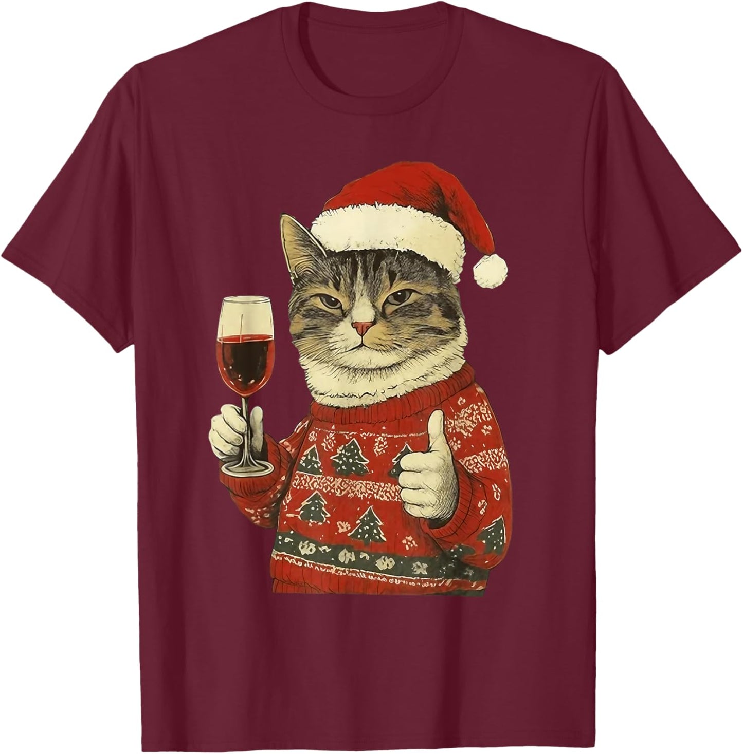 Christmas Cat Likes Cute Cat Drinking Wine with Santa Hat T-Shirt - T-Shirt | Maroon