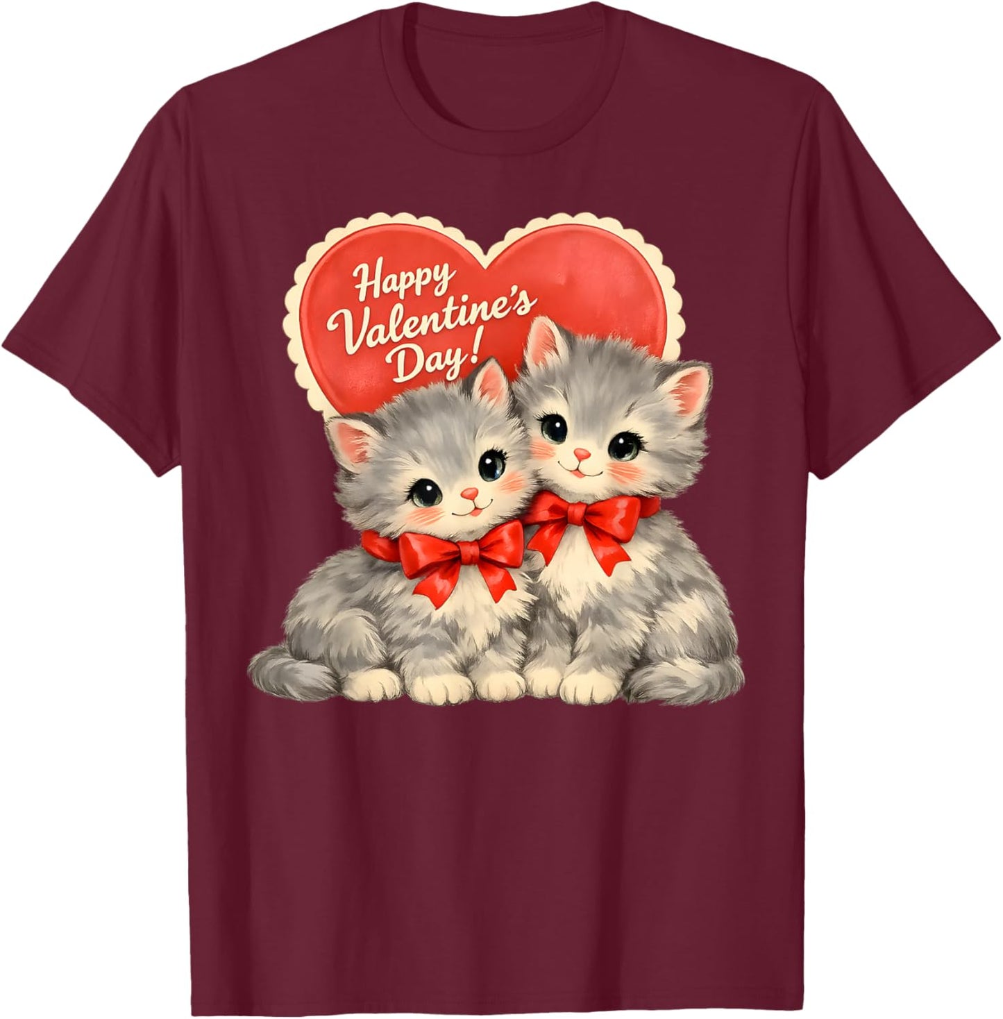 Vintage Valentine Kittens Retro Cute Cat T-Shirt - T-Shirt | Maroon