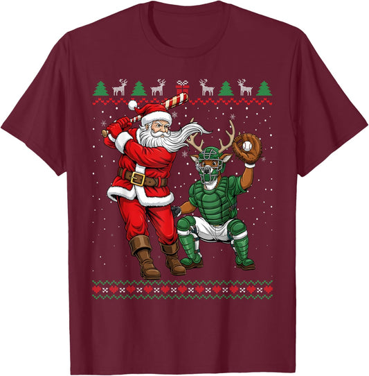 Funny Christmas Santa Baseball Ugly Sweater T-Shirt - T-Shirt | Maroon