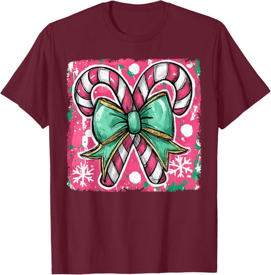 Retro Coquette Bow Candy Cane Christmas Season Colorful T-Shirt - T-Shirt | Maroon