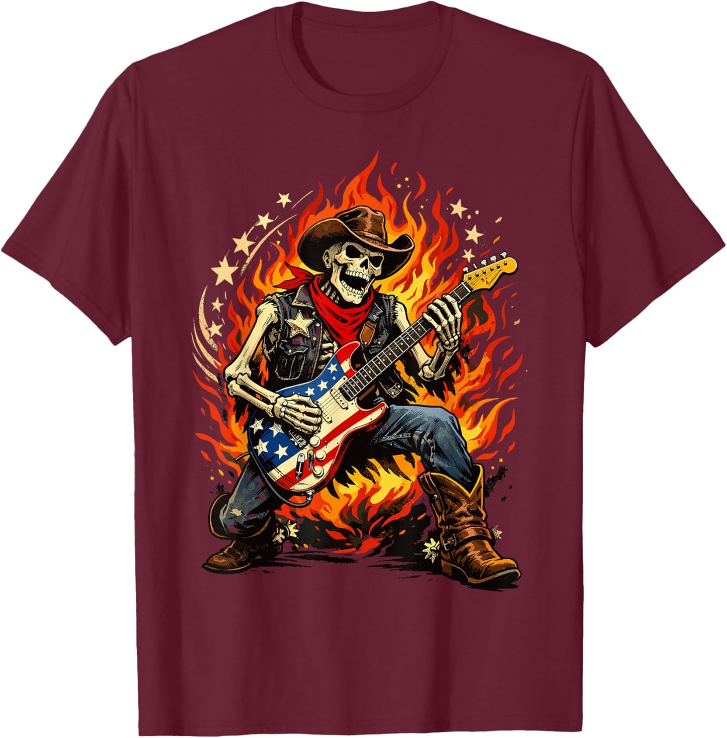 American Flag Guitar Skeleton Country Rock Rider T-Shirt - T-Shirt | Maroon