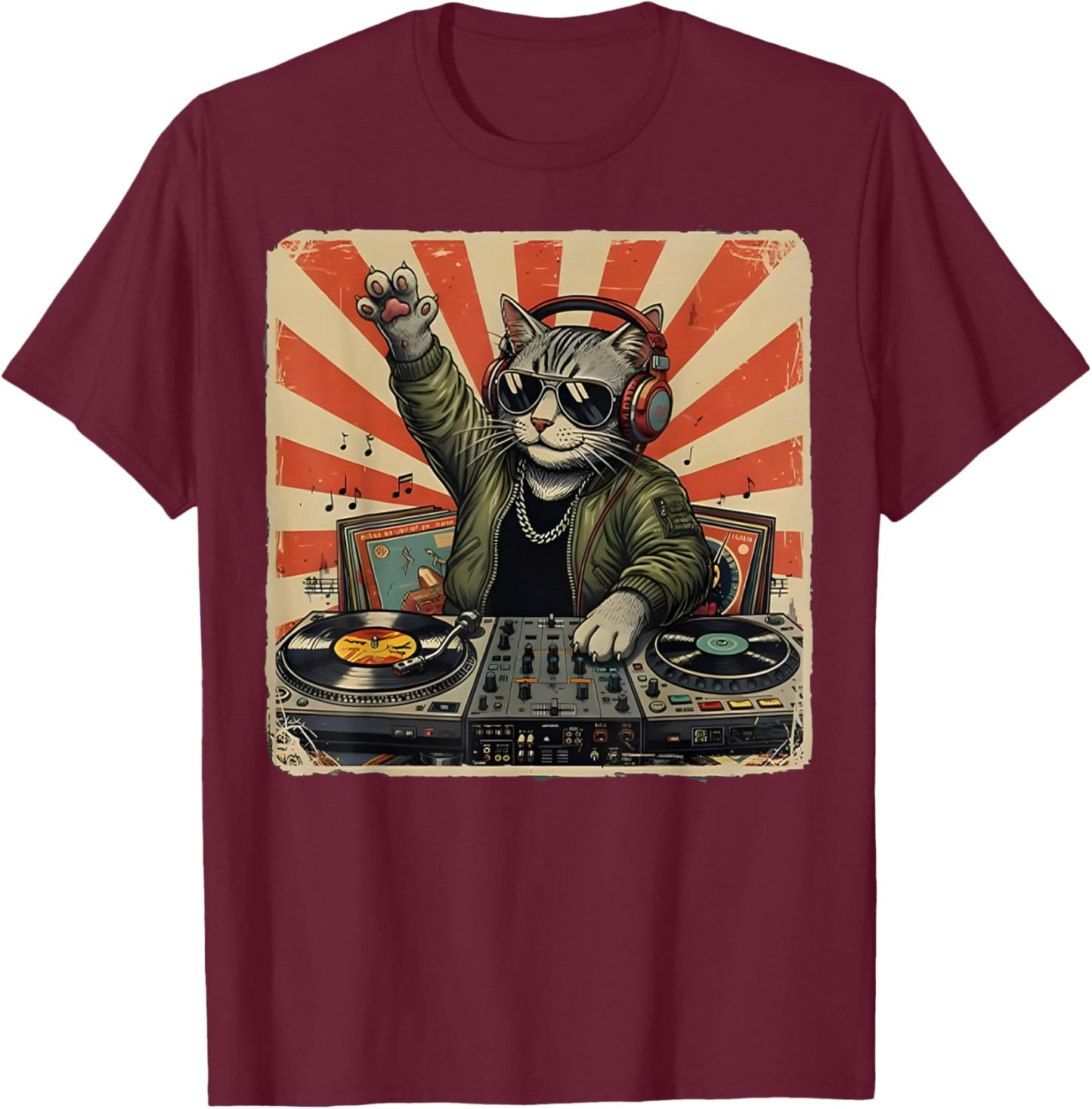 Funny DJ Cat Disco Sound Tech Headphone Music Cat Meme T-Shirt - T-Shirt | Maroon