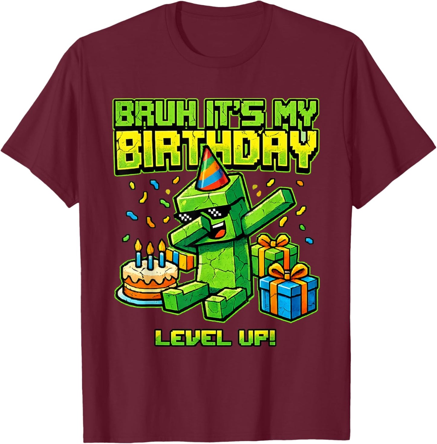 Bruh Its My Birthday Level Up Pixel Gamer Birthday Boys Kids T-Shirt - T-Shirt | Maroon