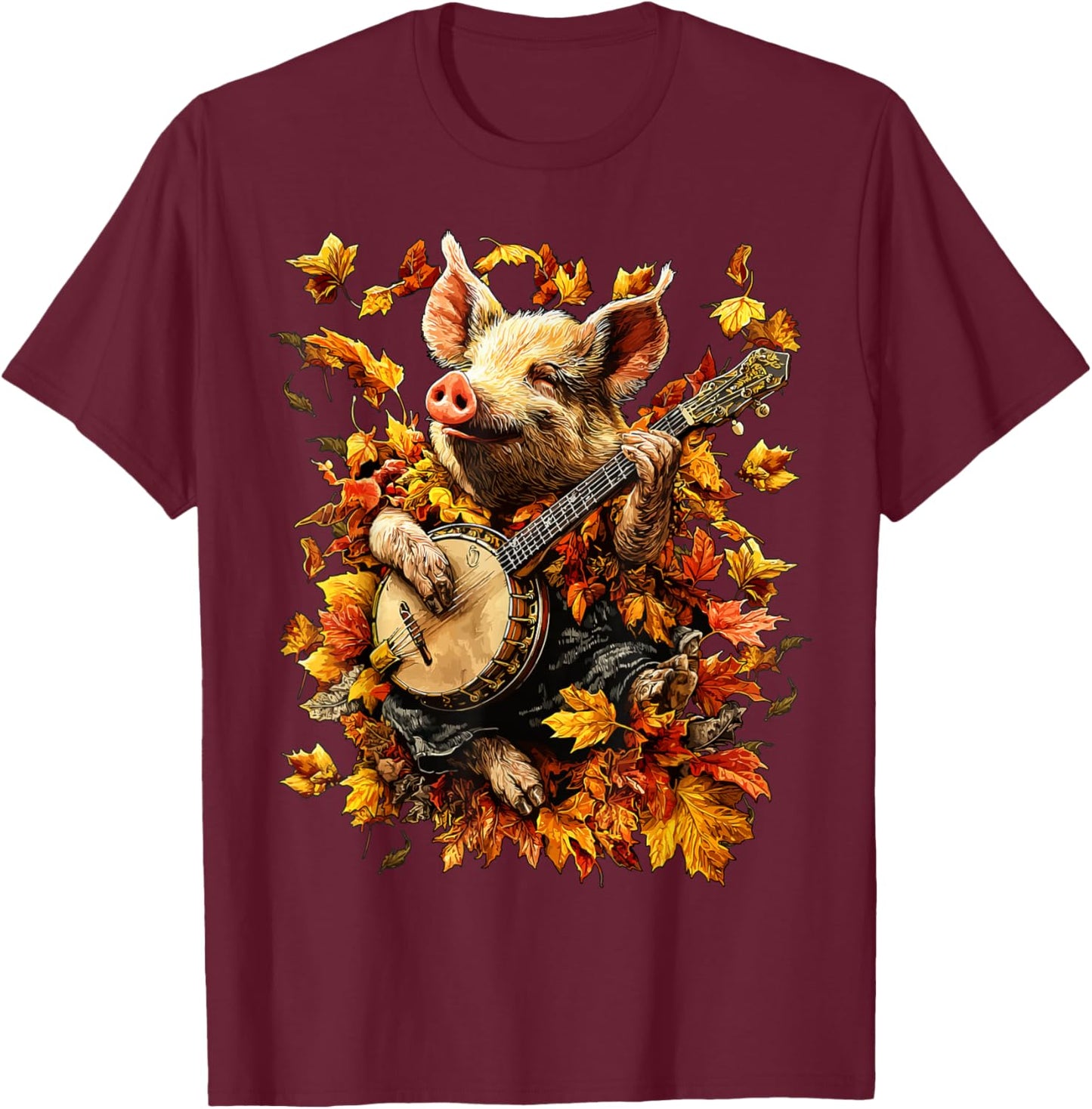 Banjoist Pig Playing Banjo Picker Fall Leaves Autumn Animal T-Shirt - T-Shirt | Maroon