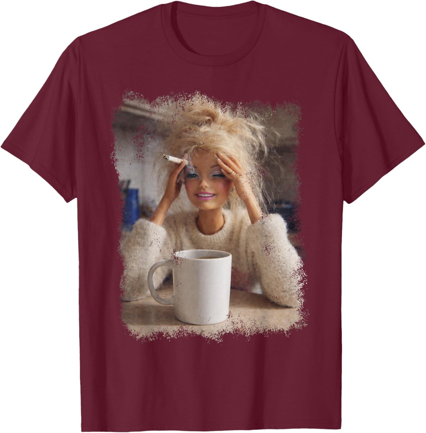 Funny Doll Face Meme Distressed Smoking Doll Meme Hilarious T-Shirt - T-Shirt | Maroon