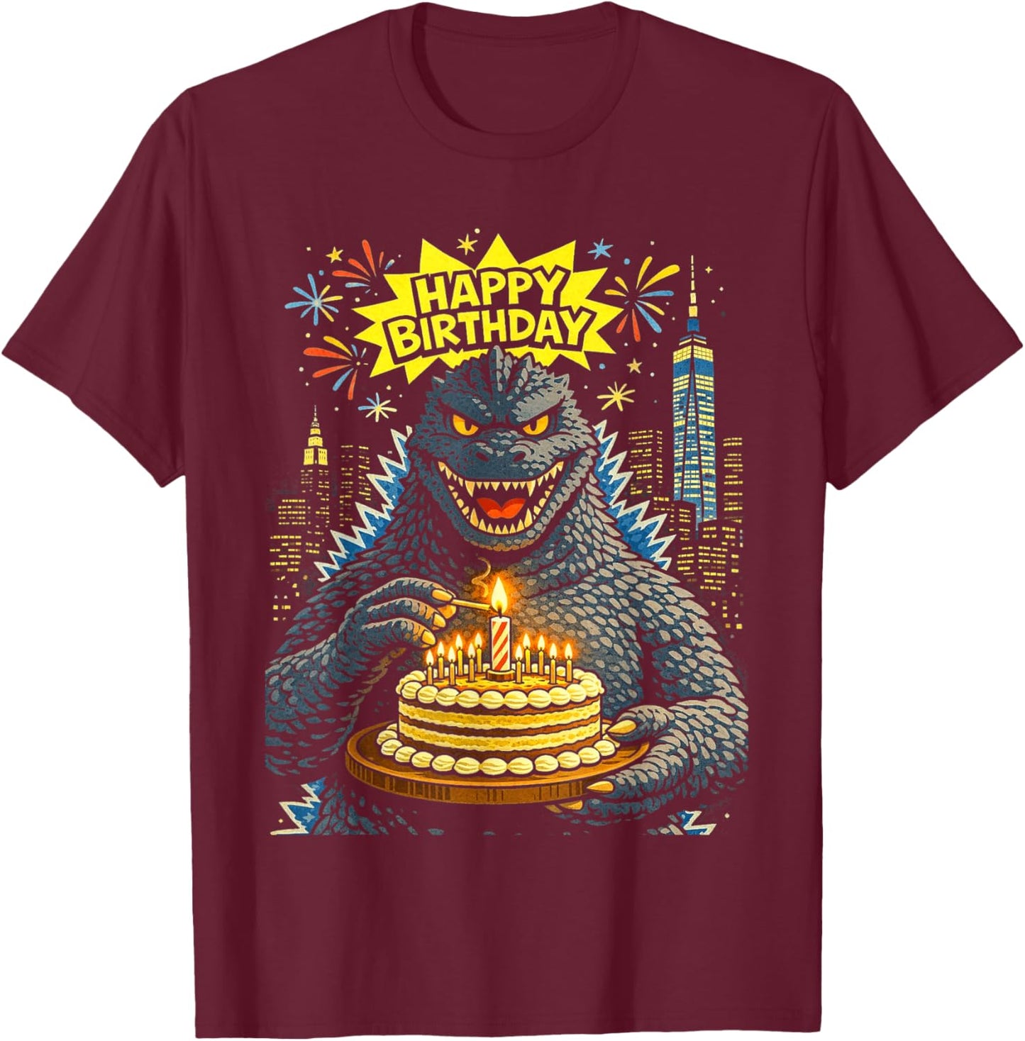 Kaiju Birthday Cake – City Fireworks Party T-Shirt - T-Shirt | Maroon