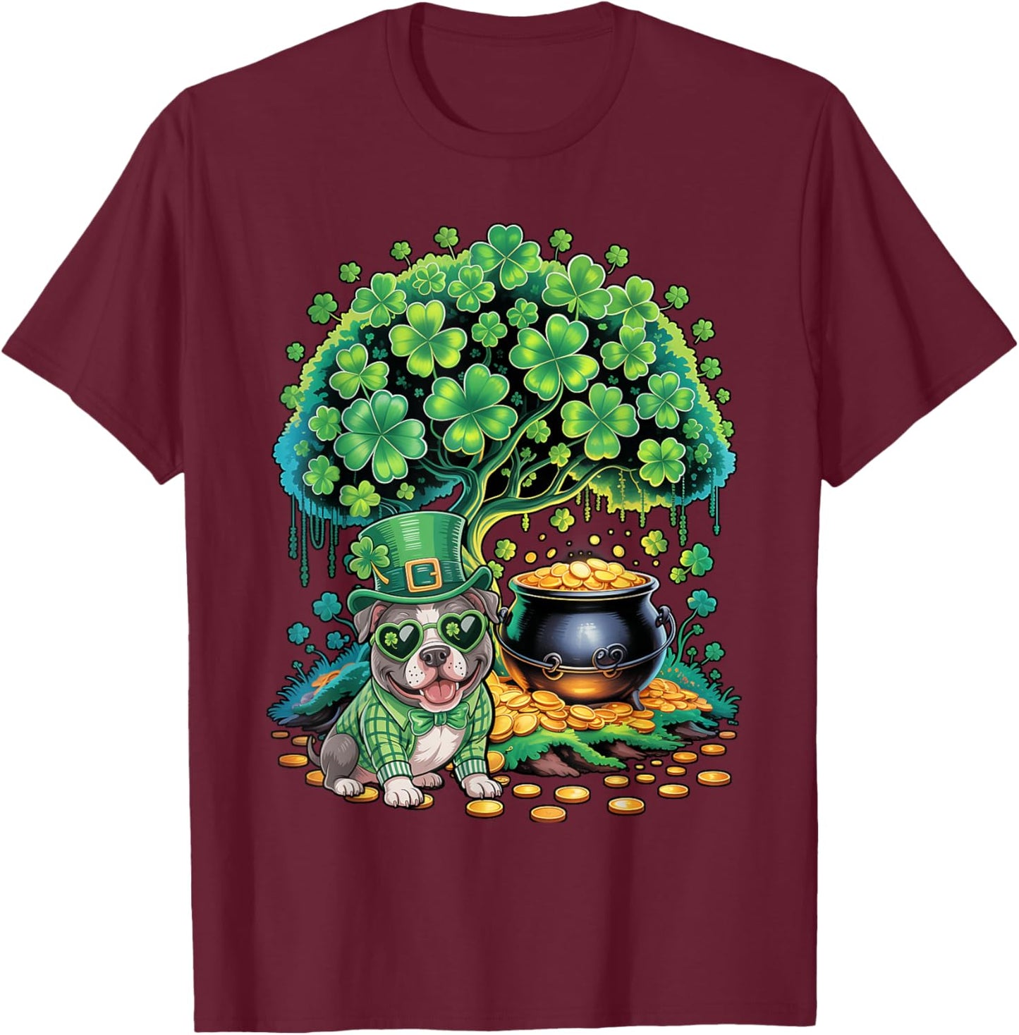 Shamrock Tree Leprechaun Hat Pitbull Dog St Patricks Day T-Shirt - T-Shirt | Maroon
