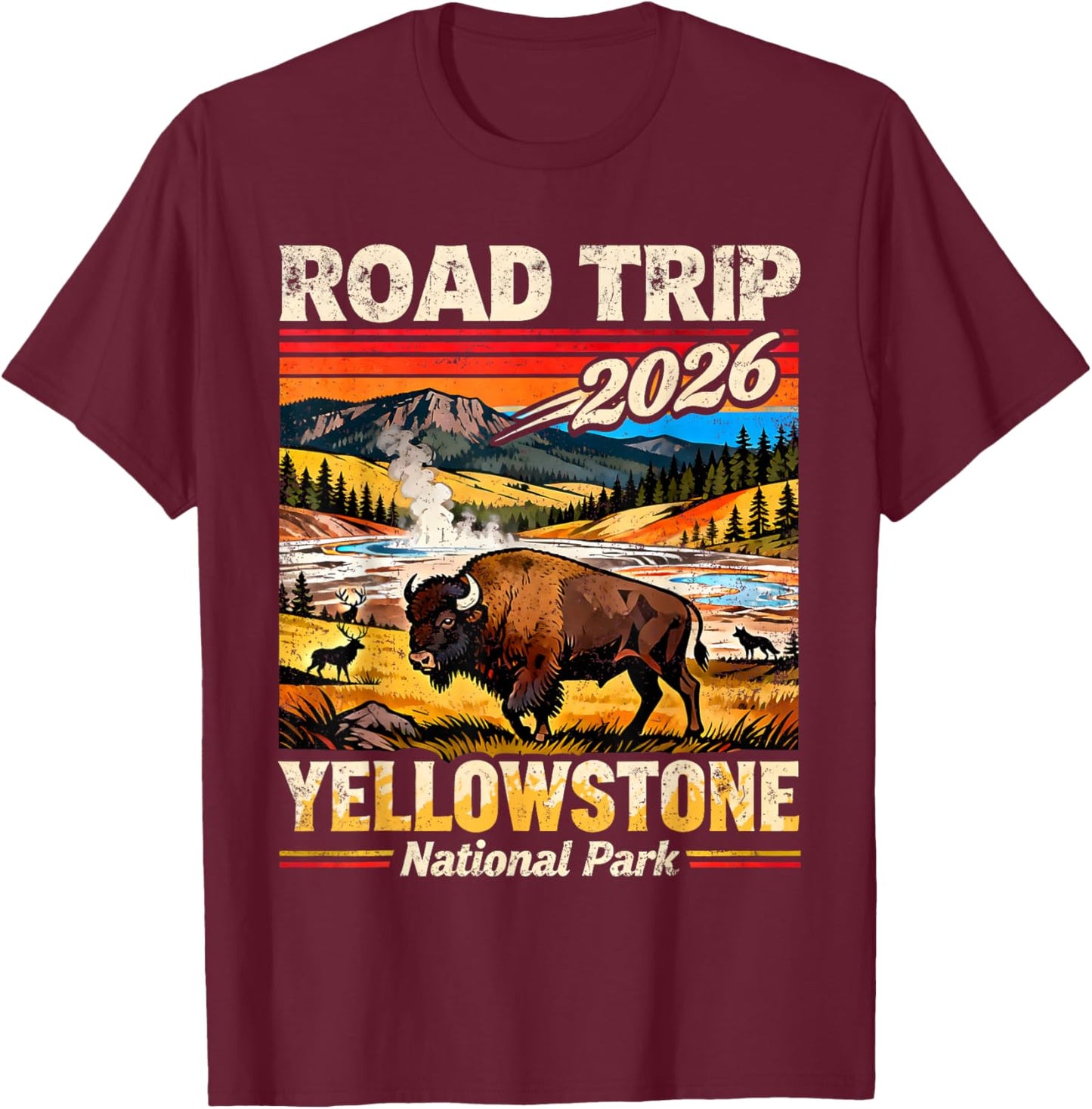 Road Trip 2026 Yellowstone National Park Bison T-Shirt - T-Shirt | Maroon